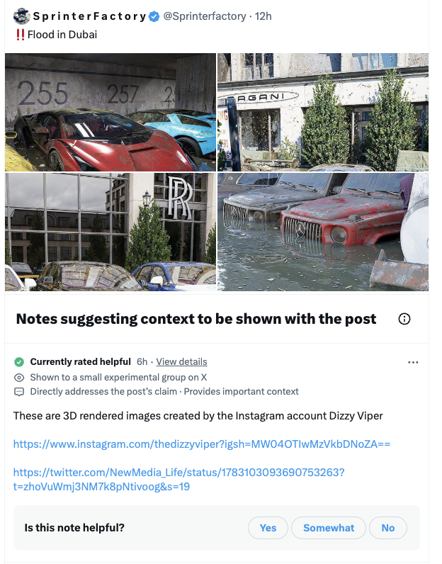 speedboat - SprinterFactory 12h !! Flood in Dubai 255 257 Agand Notes suggesting context to be shown with the post Currently rated helpful 6h View details Shown to a small experimental group on X Directly addresses the post's claim Provides important cont